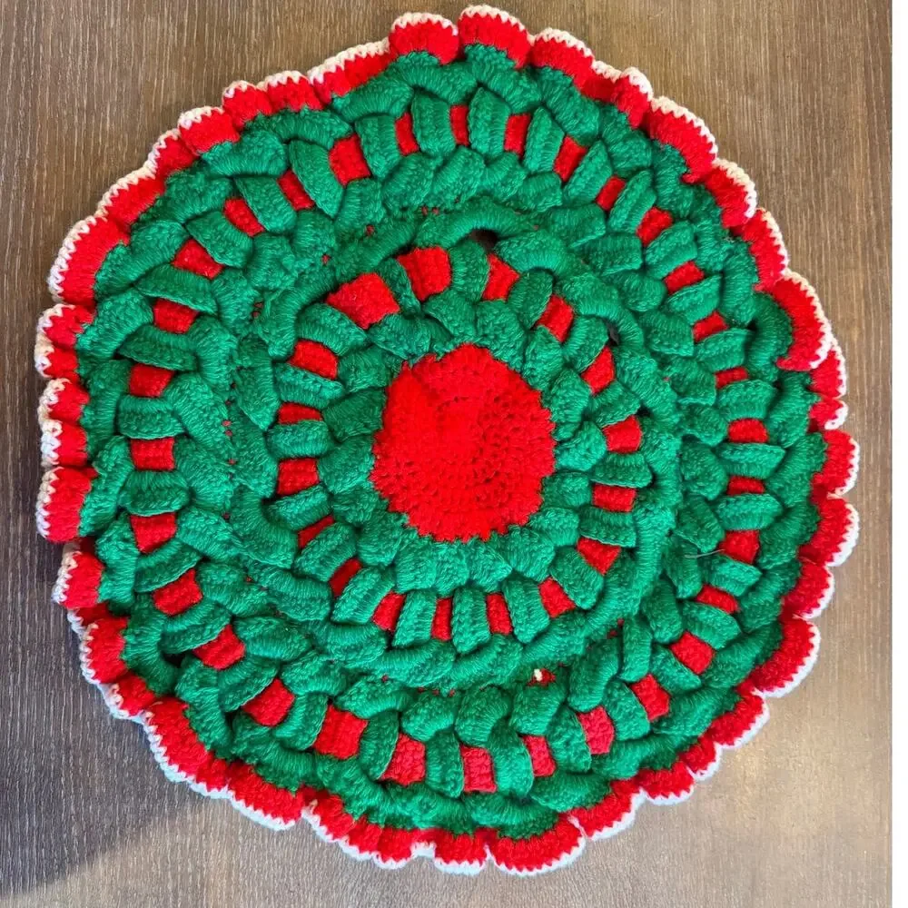 Vintage Hand-crocheted Red Green Holiday Christmas 20 inch Doily Hot Pad